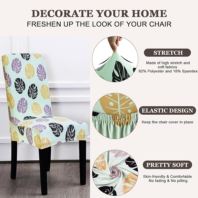 Sufdari Dining Chair Covers,Kitchen Chair Cover,Parsons Chair Slipcover,Spandex Chair Protectors for Dining Room Stretch Chairs Cover Set of 4 -Green Leaves