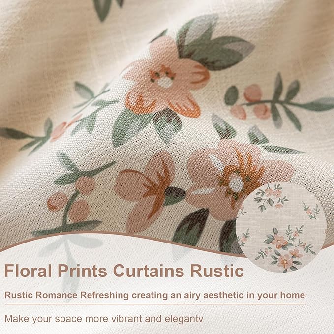 OYX Pink Boho Floral Window Curtains 63 Inch Long 2 Panels, French Vintage Farmhouse Vintage Country Rustic Tassels Printed Drapes for Living Room Bedroom, Rod Pocket Light Filtering Decor Aesthetic