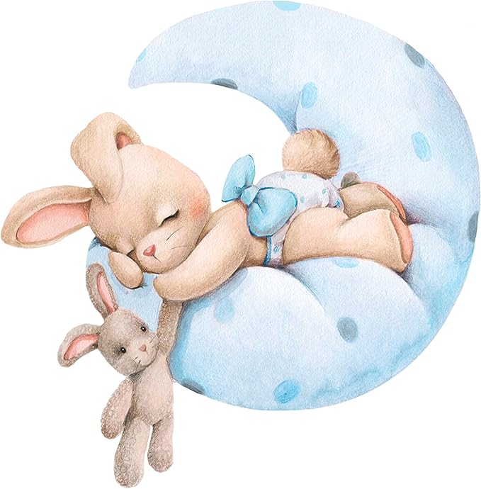 Blue Bunny Wall Decals, Baby Boy Room Rabbit Wall Decor, Animal Stickers for Kids Playroom, Toddler Bedroom and Nursery Decoration, Removable Vinyl Decals, Peel and Stick, Moon, Stars.