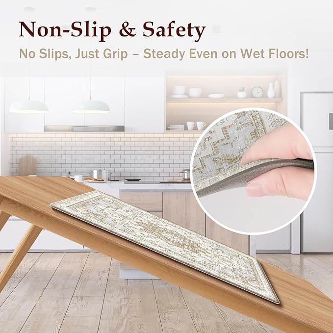 Boho Kitchen Mats for Floor 2 Piece Set Anti Fatigue Cushioned PVC Kitchen Rugs Non Slip Waterproof Farmhouse Mats 2/5 Inch Comfort Standing Mat for Sink, Laundry, 17.3"x47"+17.3"x28", Beige Tan
