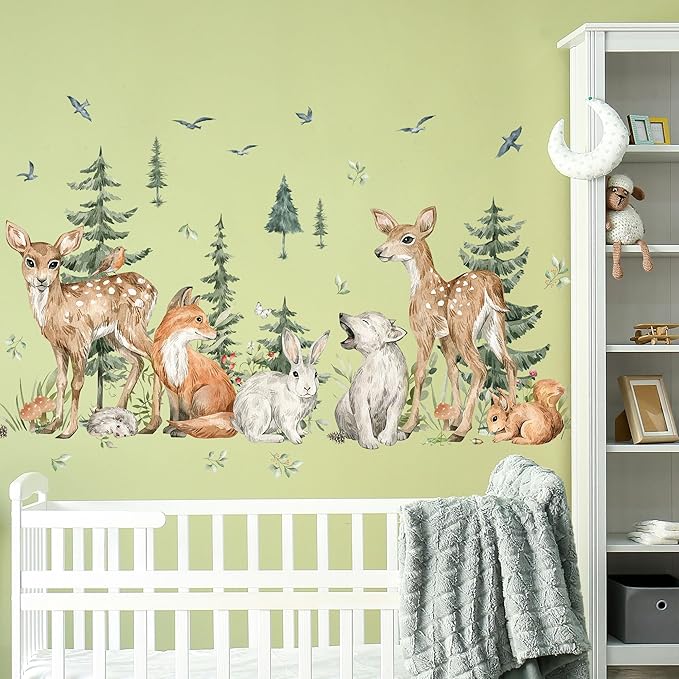 Amaonm 4 Sheet of 12x36 inch Giant Forest Tree Wall Decal Woodland Deer Bear Rabbit Fox Squirrel Birds Wall Stickers 3D DIY Peel and Stick Jungle Wild Animal Pine Wall Decor for Kids Boys Bedroom
