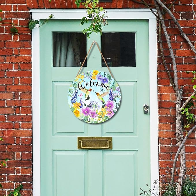 Welcome Spring Hummingbird Front Door Sign Decor 12"x12" Spring Floral Flowers Wood Door Hanger for Outdoor Outside Porch Seasonal Summer Farmhouse Wooden Wreath Wall Hanging Sign for Home Yard