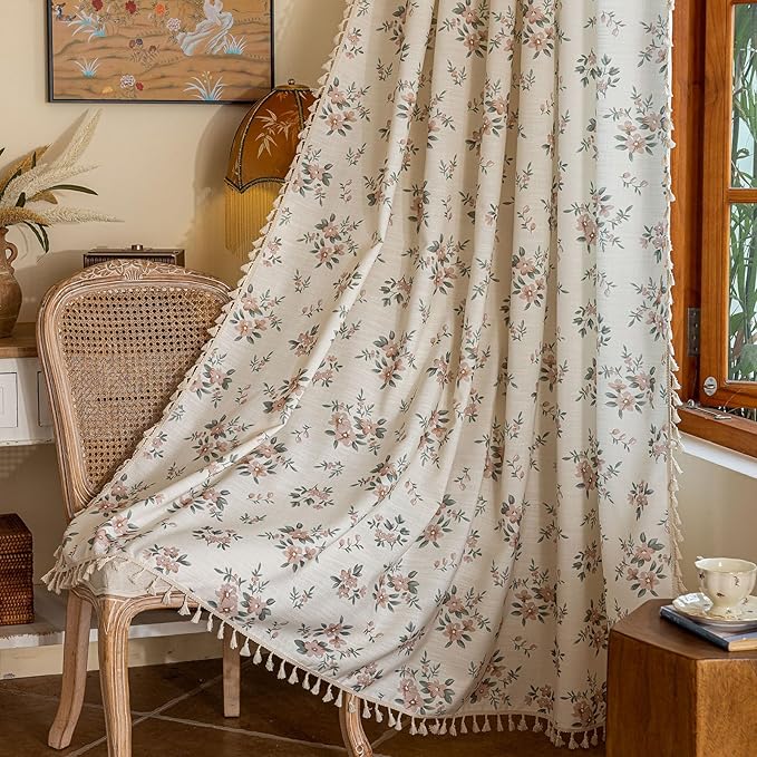 OYX Pink Boho Floral Window Curtains 96 Inch Long 2 Panels, French Vintage Farmhouse Vintage Country Rustic Tassels Printed Drapes for Living Room Bedroom, Rod Pocket Light Filtering Decor Aesthetic