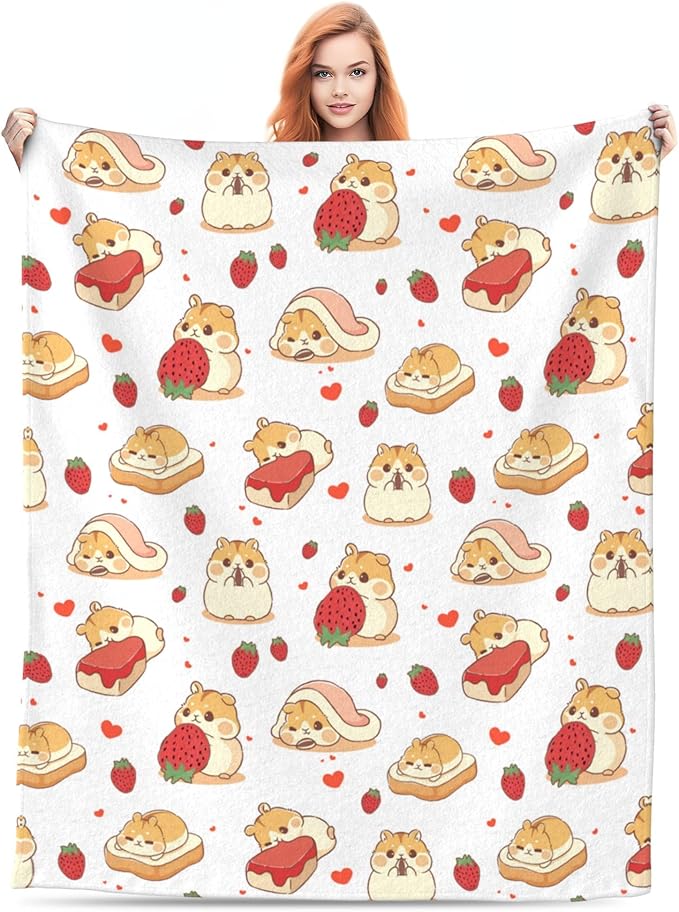Hamster Strawberry Throw Blanket Soft Plush Fleece Blankets Warm Cozy Lightweight Fuzzy Blanket for Bed Sofa Couch Home Decor 60"X50"