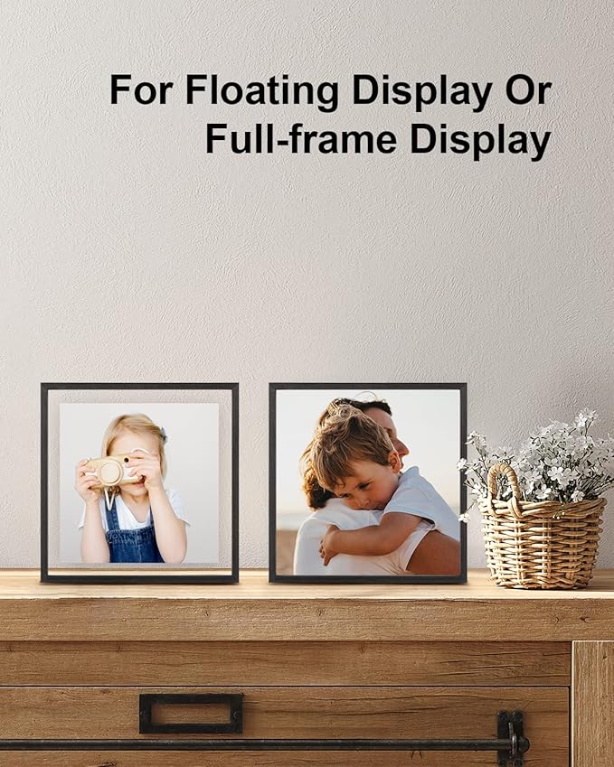 Egofine 8x8 Floating Frames Set of 2, Double Plexiglass Picture Frame, Made of Solid Wood Display Any Size Photo up to 8x8, Wall Mount or Tabletop Standing, Faded Black