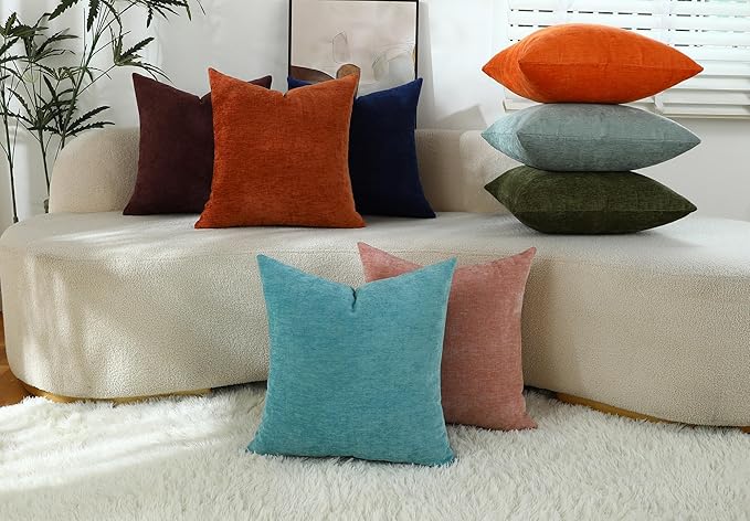 Terracotta Chenille Decorative Couch Throw Pillow Covers, Soft Cushion Cases for Home Livingroom Sofa Décor, Pack of 2, 14 x 14 Inches