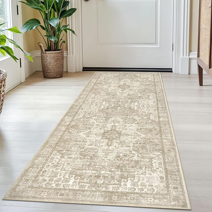 2x5 Runner Rug for Hallways, Light Beige Grey Brown Non-Slip Printed Washable Kitchen Runners, Vintage Boho Rugs with Non-Shedding, Soft Medallion Floor Carpet for Laundry Bedroom Entryway