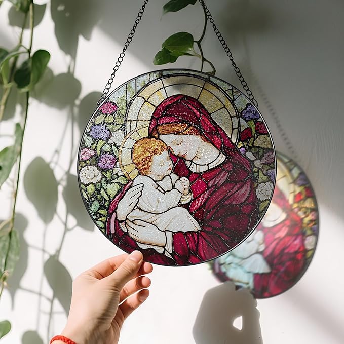 8 Inches Virgin Mary Stained Glass Suncatcher, Stained Glass Window Hanging, Christian Window Decor, Religious Christmas Ornament, Christian Gift, Religious Gift, Gifts for Christmas