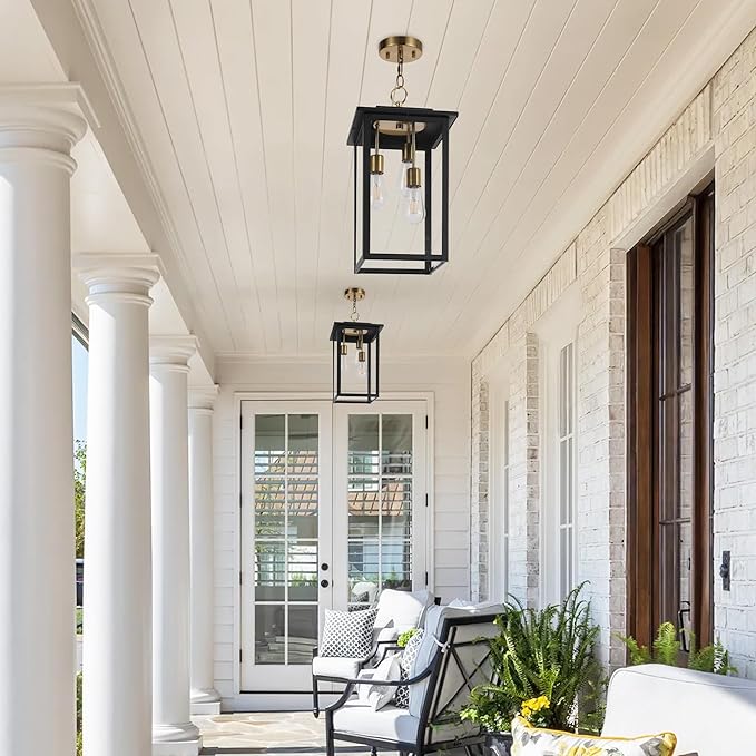 LamQee Large Outdoor Pendant Lights, 3-Lights Black and Gold Outdoor Chandelier Lighting Fixture, Modern Exterior Ceiling Hanging Lantern with Glass, for Porch Front Door Patio Gazebo Entryway Foyer