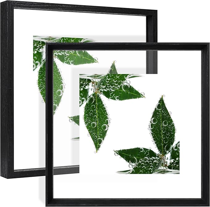 12x12 Floating Frames 2 Pack Wooden Photo Frame Double Sided Glass Picture Frame for Any Size Picture up to 12x12, Wall Mount or Tabletop Displays, Double-edged Frames, Black