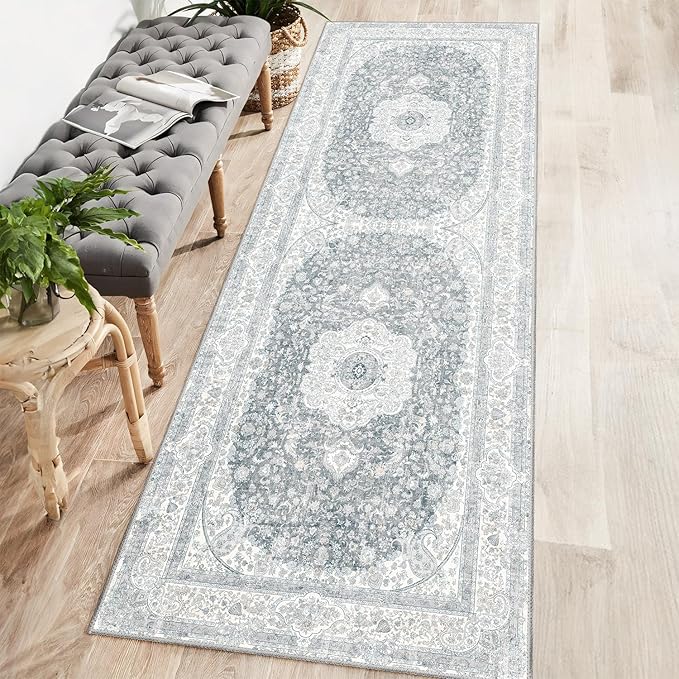 Washable Runner Rug 2x6,Grey Rug Runners Non Slip,Long Boho Rugs for Hallways Kitchen Bedroom Entryway Living Room Bathroom,Vintage Bohemian Distressed Floor Carpet,Floral