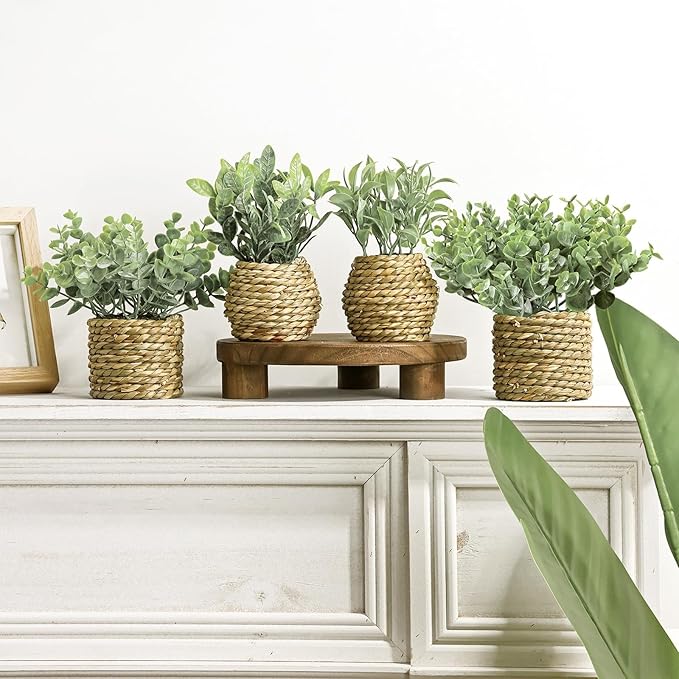 Small Fake Potted Plants: 7 Inches Artificial Plants with Seagrass Handwoven Planters, Indoor Farmhouse Decorations, Eucalyptus Plant for Home Bathroom Office Shelf Tabletop Desk Room Decor or Gift