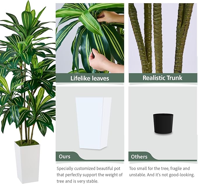 Artificial Dracaena Plant 6FT - Fake Tree with Tall Planter and Fairy Lights, Artificial Trees Faux Yucca Plants Indoor, Fake Plants for Home Office Living Room Decor Christmas