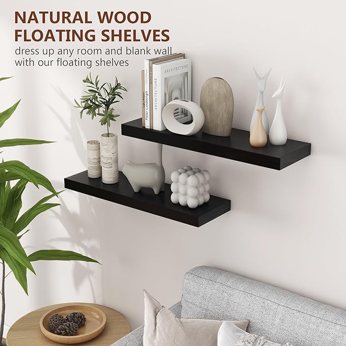 fuqing Black Floating Shelves | 24 Inch Wood Floating Shelves for Wall Set of 2 | 24" W x 6.7" D x 1.4" H Rustic Black Wooden Shelves for Bathroom Living Room Bedroom Kitchen