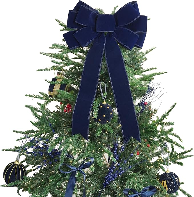 13" Navy Blue Velvet Christmas Tree Topper Bow, Premade for Wreaths, Gift Bows, Home Decor