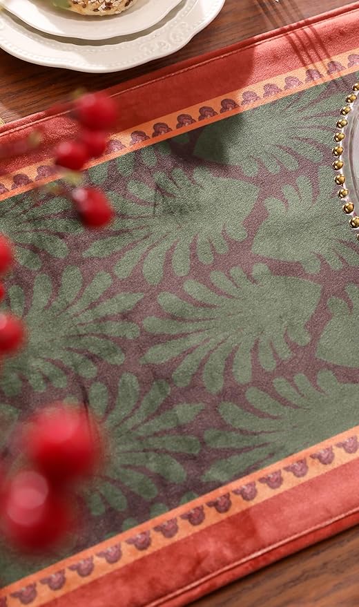 patdrea Designer Mysterious Oil Painting Figures Velvet Table Runner, Brown Green with Palm Frond Pattern Table Mat, Decoration for Kitchen Dining Coffee Table Cabinet Banquet Thanksgiving,12"*71"