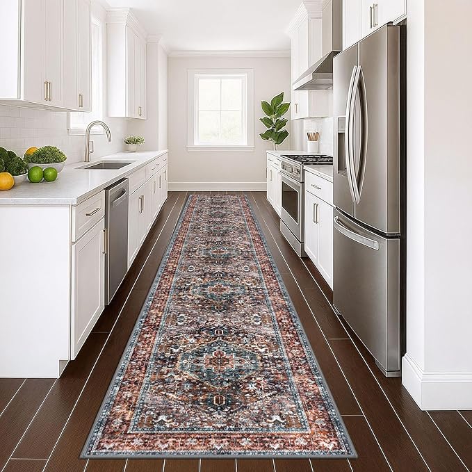 KOZYFLY Area Rug 3x16 Ft Washable Boho Runner Rug for Entryway Hallway Indoor Printed Faux Wool Carpet for Kitchen Bedroom Hall, Brick Red/Orange/Green