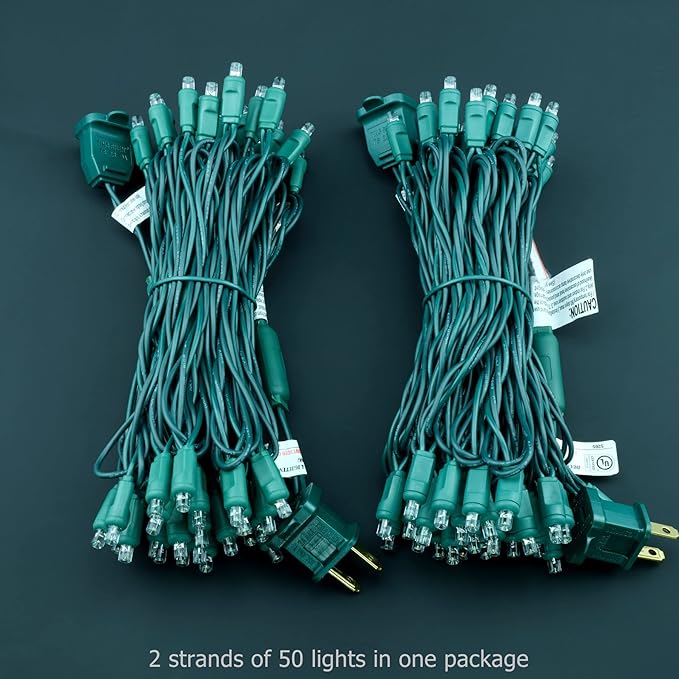 YULETIME Cool White 5MM LED Christmas Lights, 50 ft 100 Count 6" Spacing One-Piece High Waterproof Wide Angle UL Certified String Light (6“ Cool White - Green Wire)