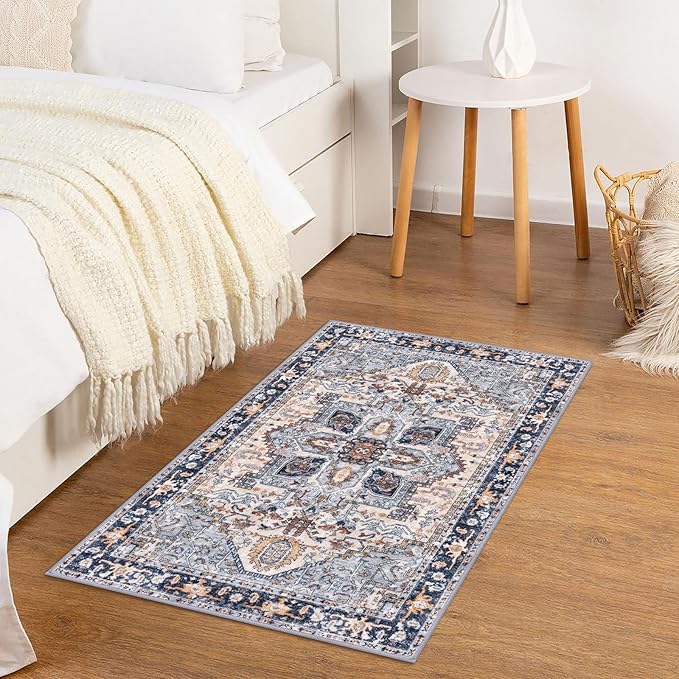 KOZYFLY Small Area Rug 2x3 Ft Rugs for Entryway Washable Boho Entry Rug Non Slip Door Mat Indoor Entrance Faux Wool Vintage Printed Kitchen Rug Throw Rugs for Entrance Kitchen, Blue Gray/Cream
