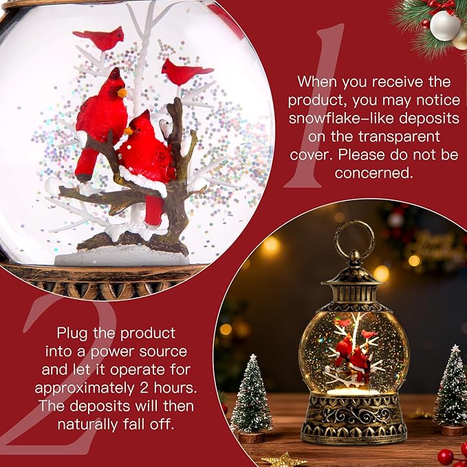 Cardinal Christmas Snow Globe, Cardinal Musical Snow Globe Lantern Lights with 6H Timer Battery & USB Powered, Retro Style Holiday Glitter Globe for Xmas Home Decoration Holiday Party Gifts