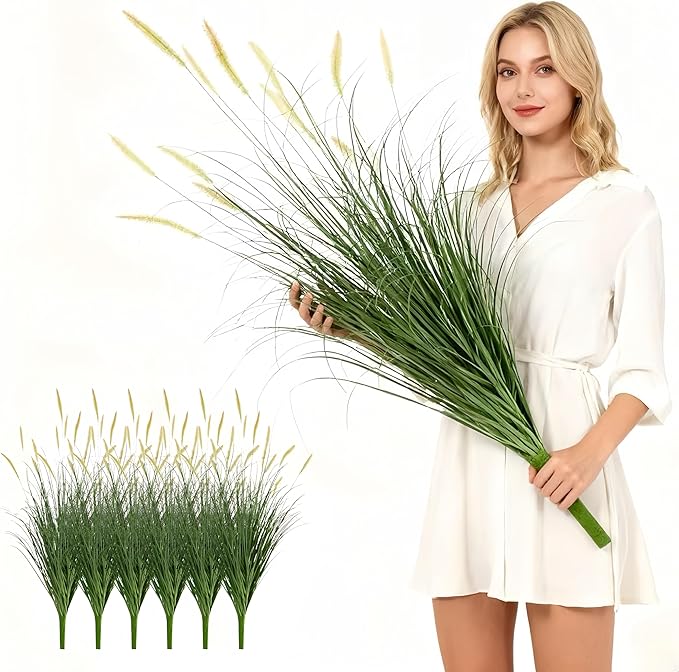39 inches Extra Lush Artificial Reed Grass (6pcs), Luxury Fake Tall Plants with 12 Heads Dogtail Flower, Luxury Faux Tall Greenery with Dogtail for Garden Porch and Home Decor (Pink-12)