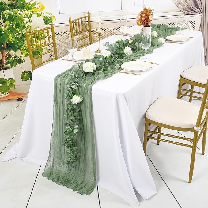 12 Pack Sage Green Cheesecloth Table Runner,10FT Gauze Boho Long Cheesecloth Table Runners 20x120inch Rustic Cheese Cloth Table Runner for Wedding Party Bridal Shower,Christmas Decorations
