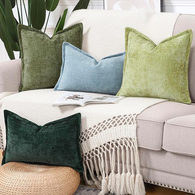 MADIZZ Chenille Velvet Throw Pillow Covers with Flange Set of 2 Super Soft Boho Textured Pillow Covers Decorative Throw Pillowcases Modern Farmhouse Home Decor for Sofa Bedroom Light Green 16x16 Inch