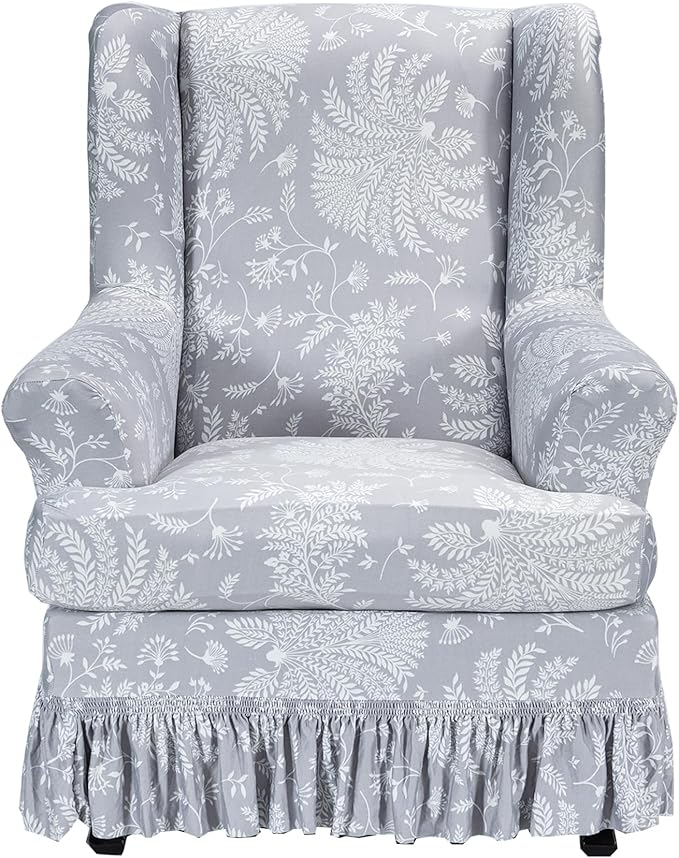 CRFATOP 2 Piece Stretch Wingback Chair Cover with Skirt Printed Wing Chair Slipcovers Spandex Fabric Wingback Armchair Covers with Cushion Slipcover for Living Room Bedroom Wingback Chair,C05