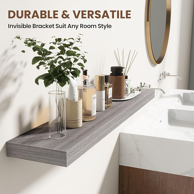 36 Inch Floating Shelves for Wall 2 Pack, 36" Wall Shelves for Books, Storage, Decor, Wall Mounted Floating Shelf with Invisible Brackets for Kitchen, Living Room, Gray