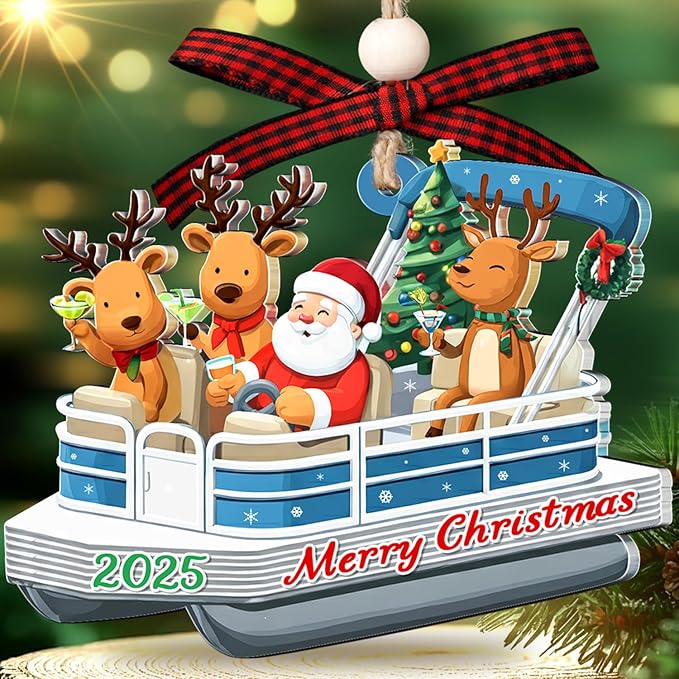Pontoon Boat Christmas Ornament - Pontoon Ornament - Boating Ornaments for Christmas Tree - Funny Santa Gag Gifts for Boating Lovers, Men Pontoons Gift - Boat Decorations - Acrylic Xmas 2025