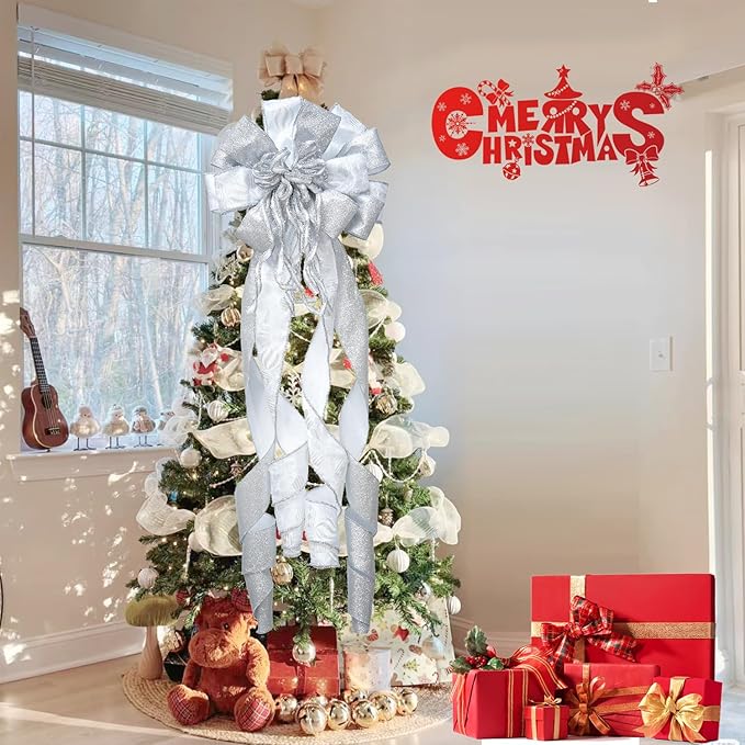 Christmas Tree Topper Bow, 43" Christmas Wreath Bows Silver and White Ribbon Ornaments with Tassels Snowflakes and Glitter, Home Decor for Holiday Xmas Decoration Home Parties Wedding Gift