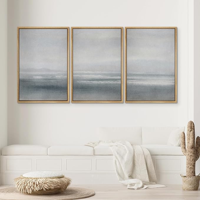 SIGNWIN Framed Canvas Print Wall Art Set Serenity Seascape Soft Blue Ocean Views Modern Art Decorative Rustic Calm/Zen for Living Room, Bedroom, Office - 24"x36"x3 Natural