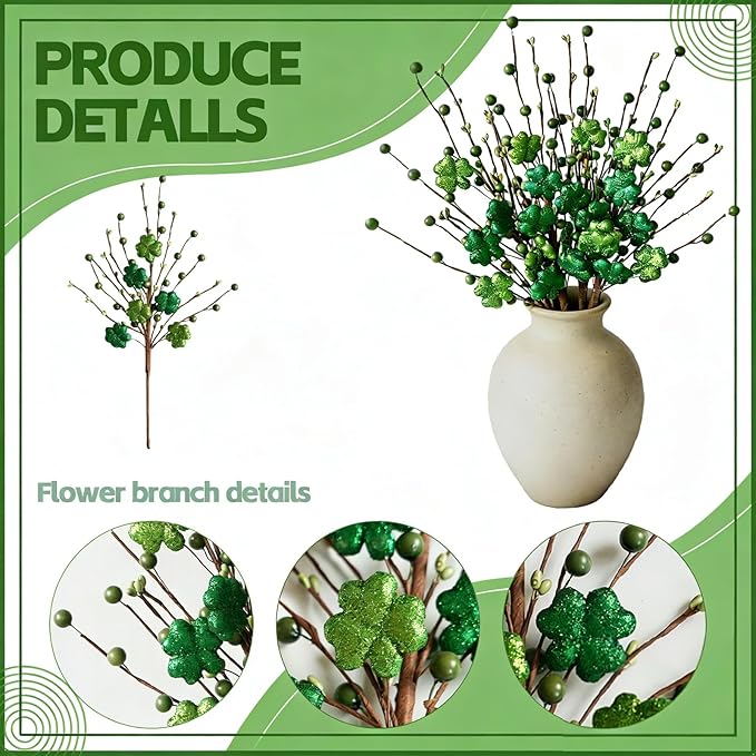 Bibelot 6 Pack Artificial Shamrock Picks, Glitter Clover Stems with Berries, St Patricks Day Picks for Table Centerpieces Home Holiday Decor DIY Crafts