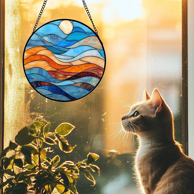 Stained Glass Window Hanging 4 Pcs Set Blue Orange Ocean Beach Theme Large 11.8" - Suncatcher Door Garden Sun Catcher Decor Birthday Christmas for Mom Woman Nana Men Wife