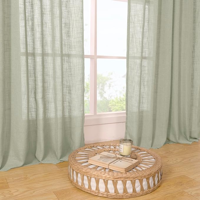 LAMIT Sheer Linen Curtains for Living Room, Back Tab and Rod Pocket Curtains Light Filtering Country Rustic Farmhouse Drapes for Bedroom/Farmhouse, 2 Panels, 52 x 102 Inch, Sage Grey