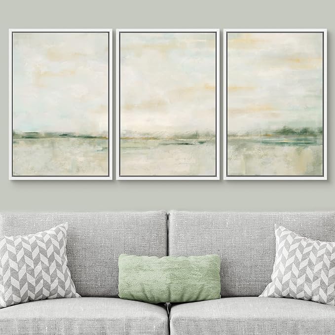 SIGNWIN Framed Canvas Print Wall Art Set Grunge Tan Green Pastel Landscape Shapes Abstract Illustrations Modern Art Decorative Nordic Calm/Zen for Living Room, Bedroom, Office - 16"x24"x3 White