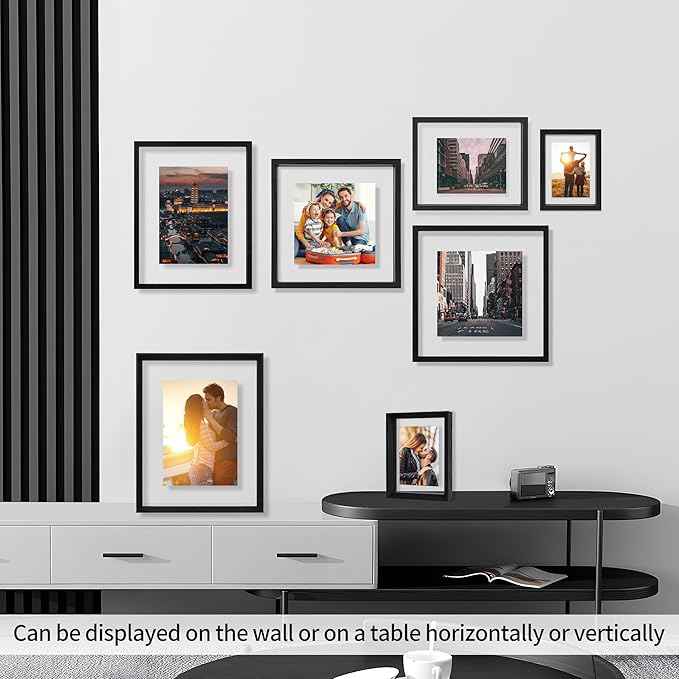 10x10 Floating Picture Frame Set of 2, Double Glass Photo Frame Wooden Frame for Wall Mount or Tabletop Displays for 5x7, 6x8, 7x9 inch Pictures, Plane Edge Frames, Black