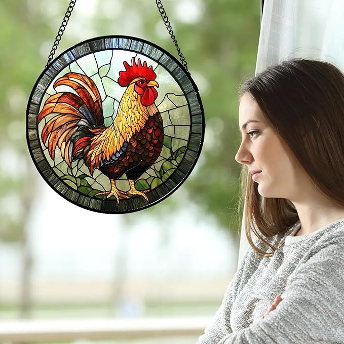 Stained Glass Window Hanging - Rooster Suncatcher for Doors Garden Patio Retro Colored Chicken Sun Catchers Decor Christmas Mother's Day Birthday Gifts for Women Men Mom Nana Friend 11.8 in