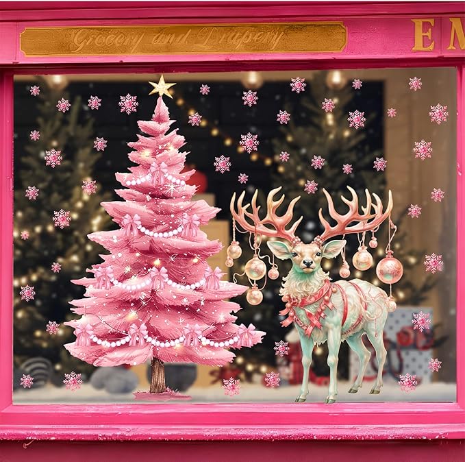 Pink Christmas Window Clings Large Christmas Pine Tree Decoration Decals for Glass Double-Sided Snowflake Elk Stickers Removable Xmas Reindeer Static Decal for Winter Holiday Party Home Indoor Decor