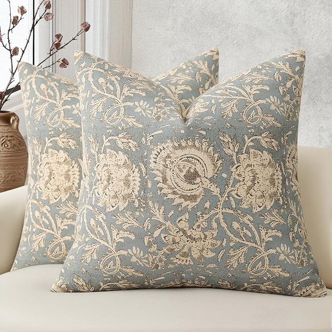 Vintage Floral Print Throw Pillow Covers 20x20 Set of 2 Neutral Modern Farmhouse Pillowcases Accent Decorative Cushion Covers Boho Home Decor for Couch Sofa Chair Bed Living Room, Sky Blue