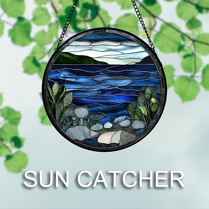 Stained Glass Window Hanging 4 Pcs Set Navy Blue Ocean Landscape 9.8" - Suncatcher Door Garden Sun Catcher Decor Birthday Mother's Day for Mom Woman Nana Girl Boy Friend
