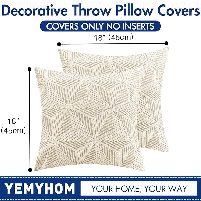 YEMYHOM Pack of 2 Throw Pillow Covers 18 x 18 Inch High Stretch Jacquard Pillowcase for Couch Sofa Living Room Home Decor, Beige