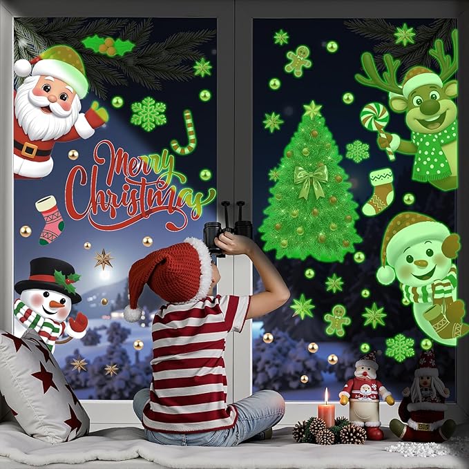 Merry Christmas Luminous Window Clings,Winter Snowflake Luminous Stickers,Xmas Wall Decals,Santa Snowman Reindeer Christmas Tree Stickers,Red Green Xmas Window Clings for Home Room School