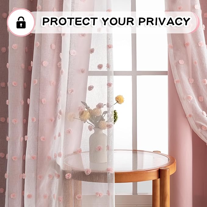 MYSKY HOME Pink Curtains for Girls Room 84 Inches Long 2 Panels Girls Curtains wiht Pink Pom Pom Sheer Blackout Nursery Curtain Room Darkening 2 Layered Window Drapes for Toddler Grommet, 52 x 84 Inch