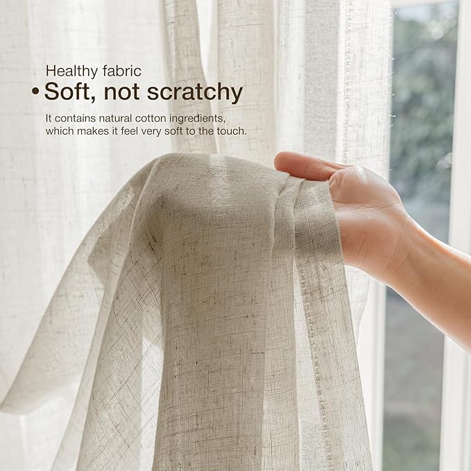 Anmao Natural Linen Curtains for Living Room 45 Inch Length 2 Panels Set, Light Filtering Semi Sheer Window Curtain Drapes for Bedroom with Curtain Rings and Clips, 52 Inch Wide Each Panel, Linen