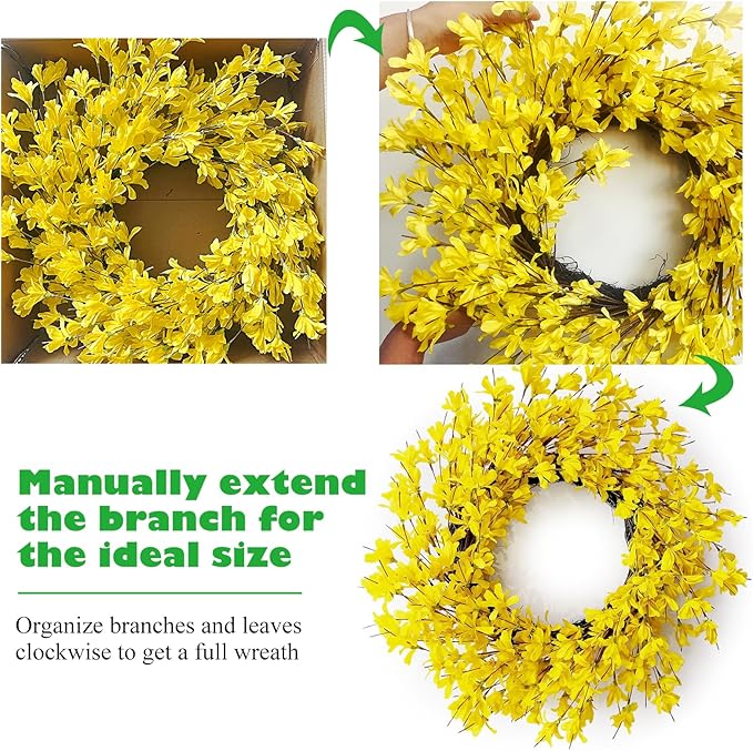 Huashen Spring Wreaths for Front Door, 24 Inch Yellow Forsythia Spring Door Wreath, Farmhouse Spring Door Wreaths on Grapevine for Celebration Wall Window Decoration Hanging
