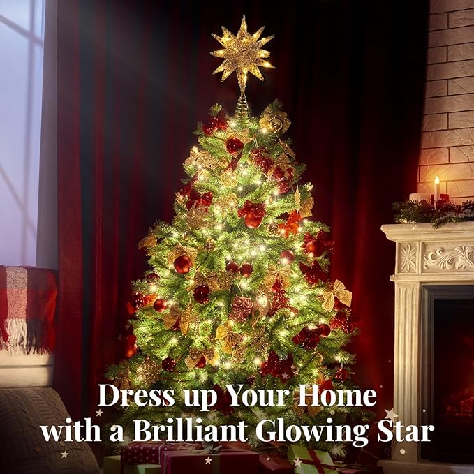 Lewondr Christmas Tree Topper, Plug in 3D Starburst Xmas Lighted Star Tree Topper, Remote Control & Timer Light Up Vintage Moravian Tree Topper for Christmas Decoraiton, Warm Light, Champagne Gold