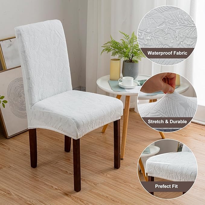 Genina 100% Waterproof Dining Room Chair Covers Set of 4 Stretch Kitchen Chair Covers Parsons Chair Slipcovers for Dining Room Chair Protector Cover, Removable, Washable (Leaf Pattern-Cream)