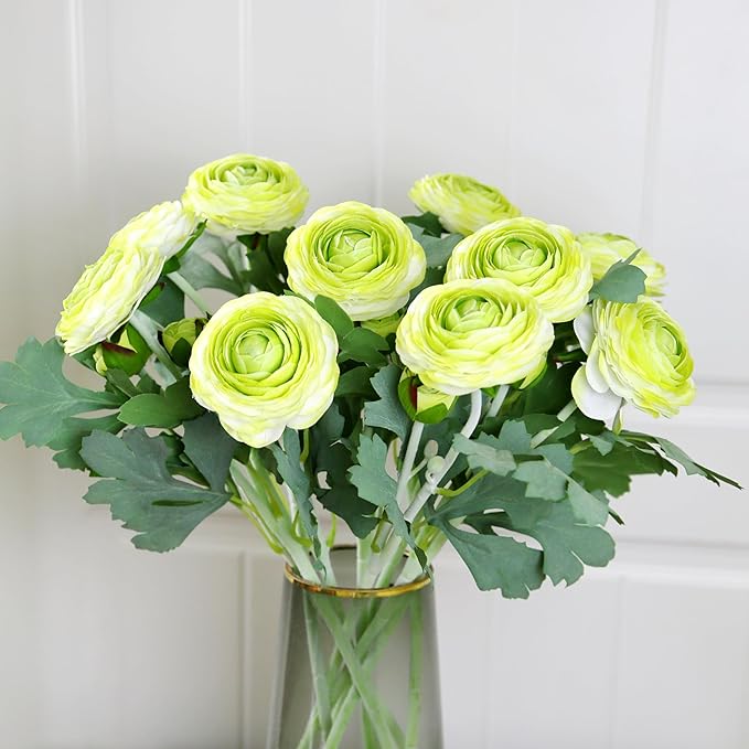 Artificial Ranunculus Flowers with Real Touch Stem, Silk Ranunculus Flowers (Green, 10pcs)