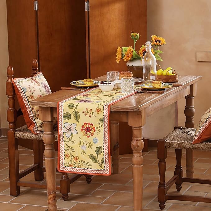 Rectangle Yellow and Orange Table Runner 118 Inches Long,Vintage Rustic Farmhouse Linen Floral Table Runners,Fall Decorations for Home Thanksgiving Christmas Party.12"*118"-Bellano